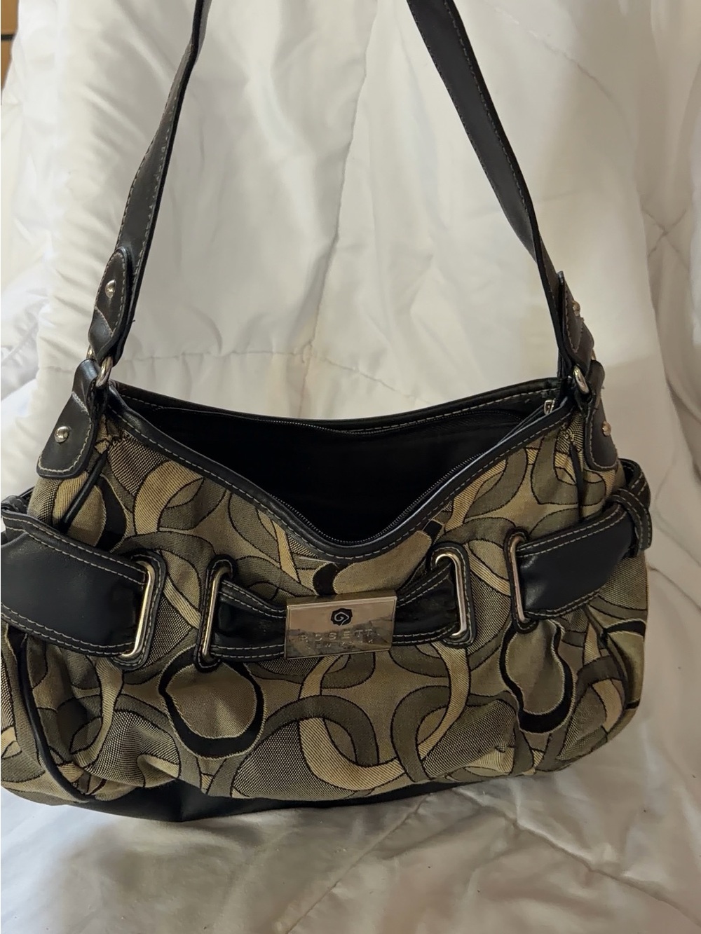 Signature Pattern Olive Green Shoulder Bag with Black Trim